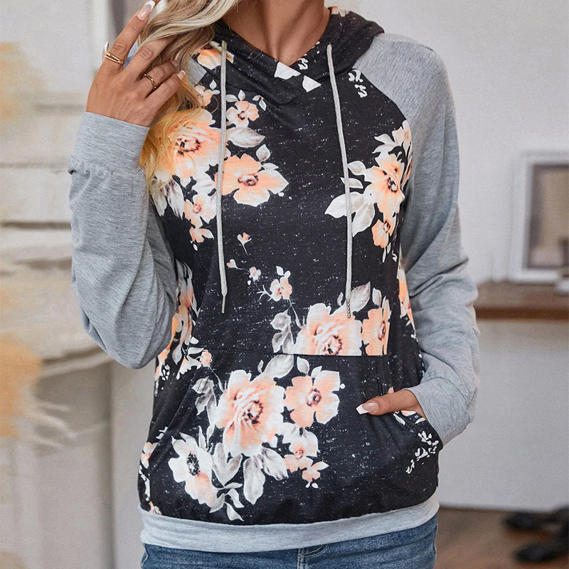 Damen Lässiger Kapuzenpullover mit floralem Print, Raglanärmeln und Kängurutasche Nord Taschen