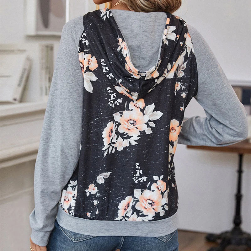 Damen Lässiger Kapuzenpullover mit floralem Print, Raglanärmeln und Kängurutasche Nord Taschen