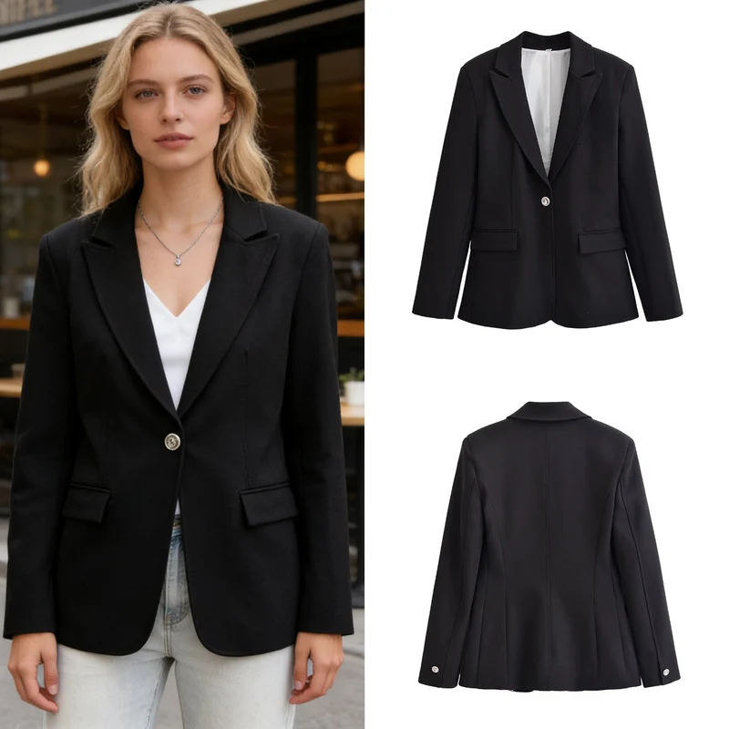 Damen Langer taillierter Ein-Knopf-Blazer mit schmalem Revers und Pattentaschen Nord Taschen