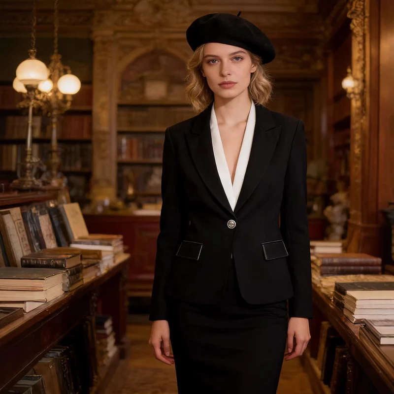 Damen Langer taillierter Ein-Knopf-Blazer mit schmalem Revers und Pattentaschen Nord Taschen