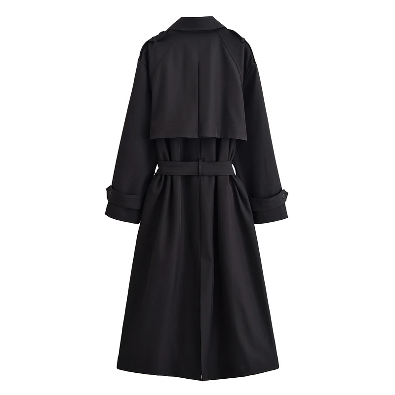 Damen Langer taillierbarer Trenchcoat mit Bindegürtel und Epauletten Nord Taschen