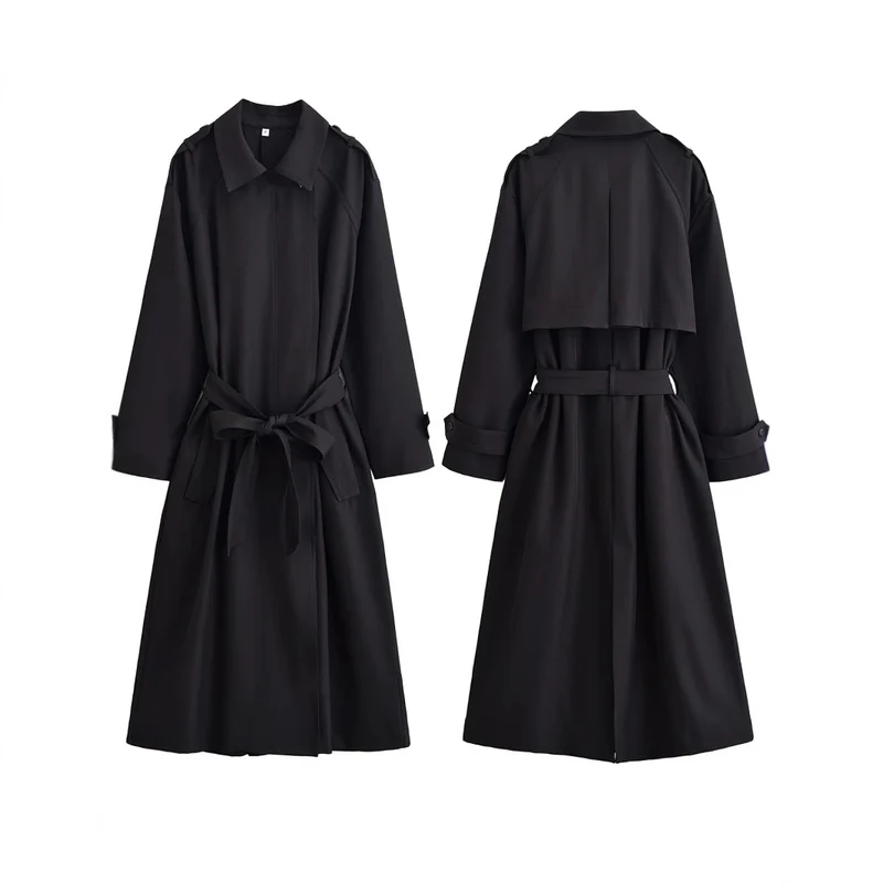 Damen Langer taillierbarer Trenchcoat mit Bindegürtel und Epauletten Nord Taschen