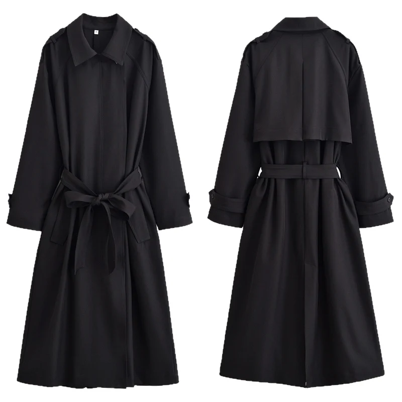 Damen Langer taillierbarer Trenchcoat mit Bindegürtel und Epauletten Nord Taschen