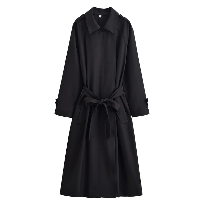 Damen Langer taillierbarer Trenchcoat mit Bindegürtel und Epauletten Nord Taschen