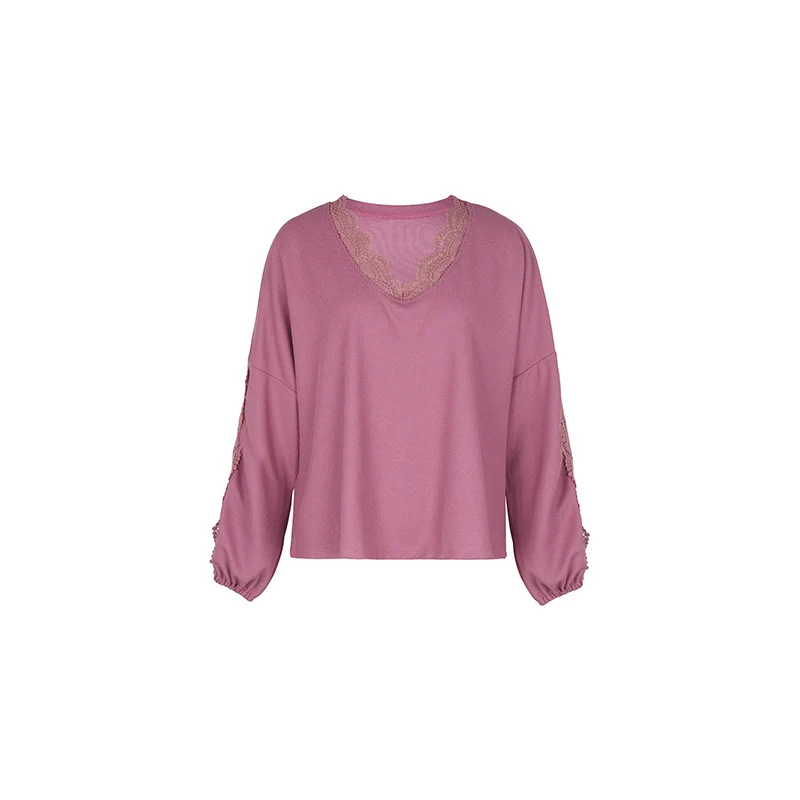 Damen Lockeres Shirt mit V‑Ausschnitt, Spitzenbesatz und Ballonärmeln Nord Taschen