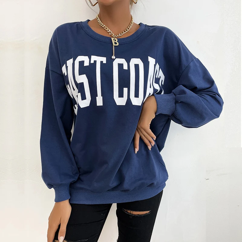 Damen Lockeres Rundhals-Sweatshirt im Collegestyle mit Blockschrift-Print und geripptem Saum Nord Taschen