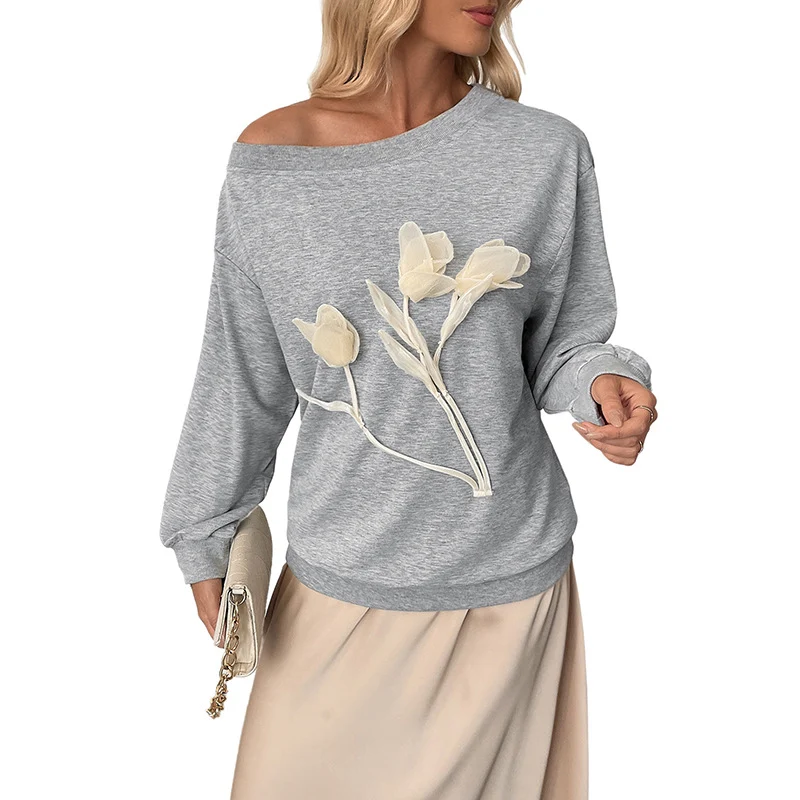 Damen Lockeres Off-Shoulder Sweatshirt mit 3D-Blütenapplikation und überschnittener Schulter Nord Taschen