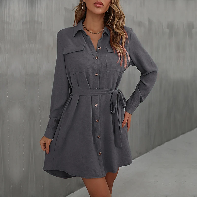 Damen Lockeres Hemdblusen-Minikleid mit Taillengürtel und aufgesetzten Brusttaschen Nord Taschen