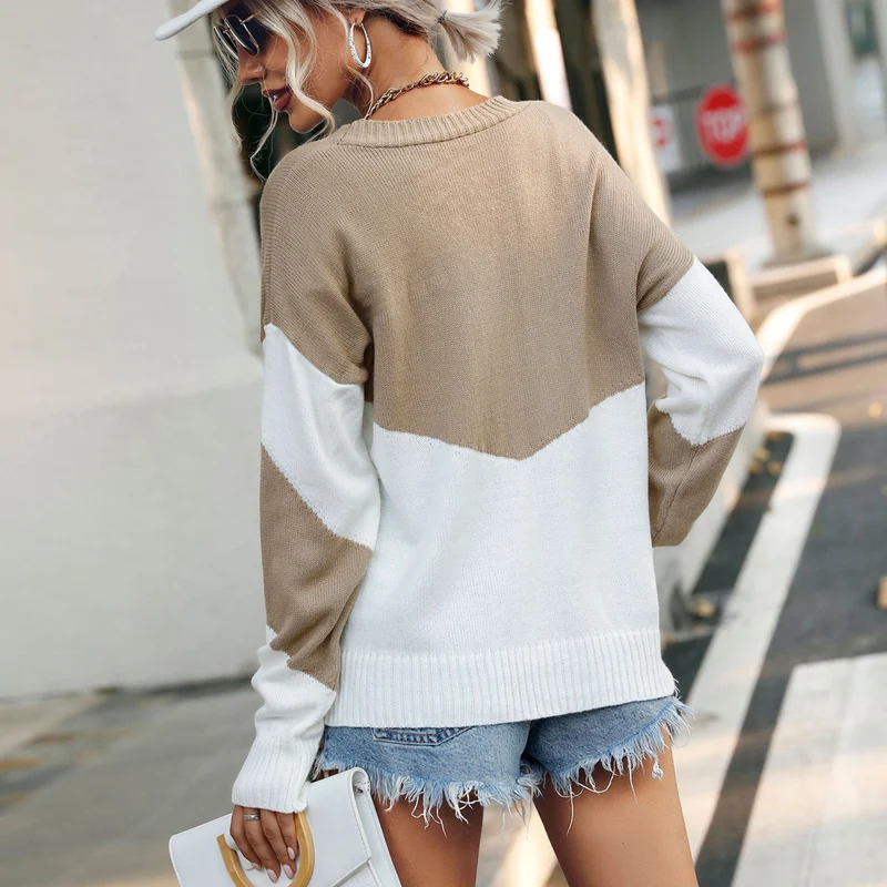 Damen Oversize Colorblock-Strickpullover mit schrägem Carmenausschnitt und gerippten Bündchen Nord Taschen
