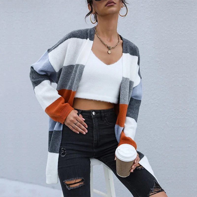 Damen Oversize-Cardigan mit breitem Blockstreifen, offener Front & lässiger Schulter Nord Taschen