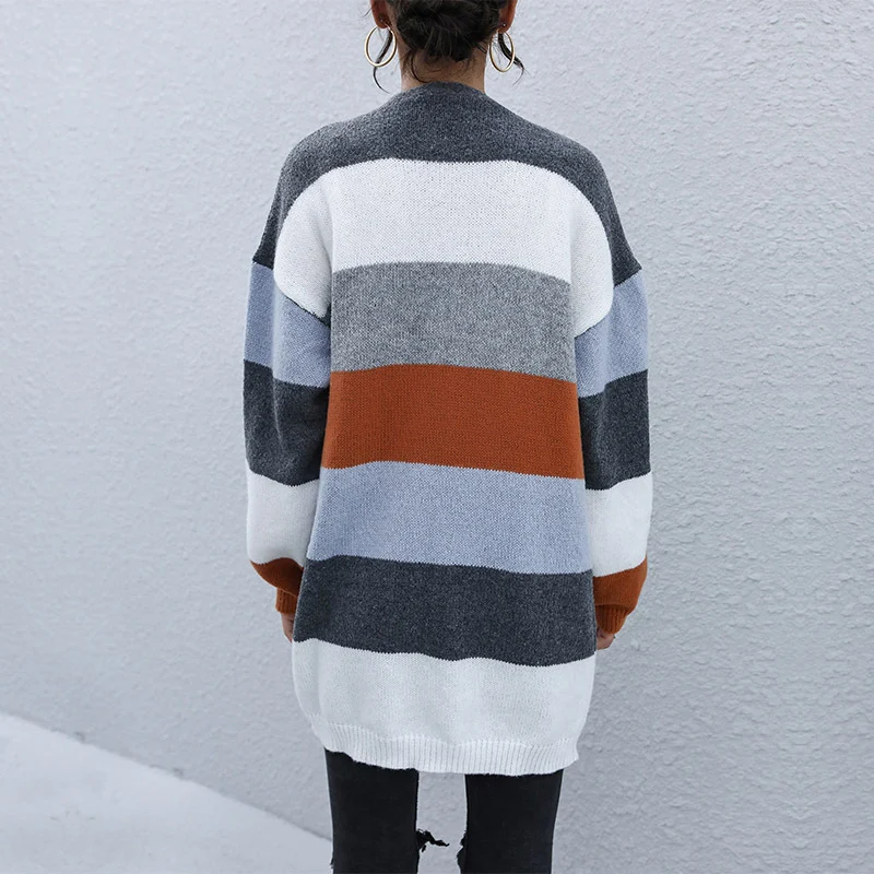 Damen Oversize-Cardigan mit breitem Blockstreifen, offener Front & lässiger Schulter Nord Taschen
