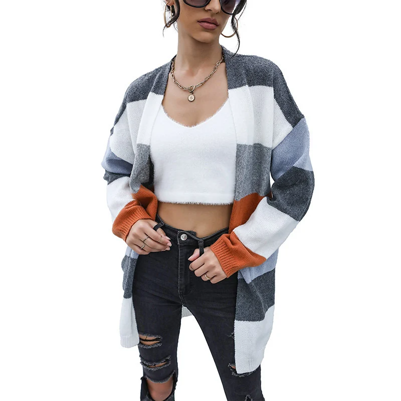 Damen Oversize-Cardigan mit breitem Blockstreifen, offener Front & lässiger Schulter Nord Taschen