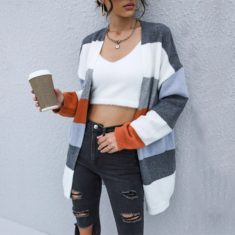 Damen Oversize-Cardigan mit breitem Blockstreifen, offener Front & lässiger Schulter Nord Taschen