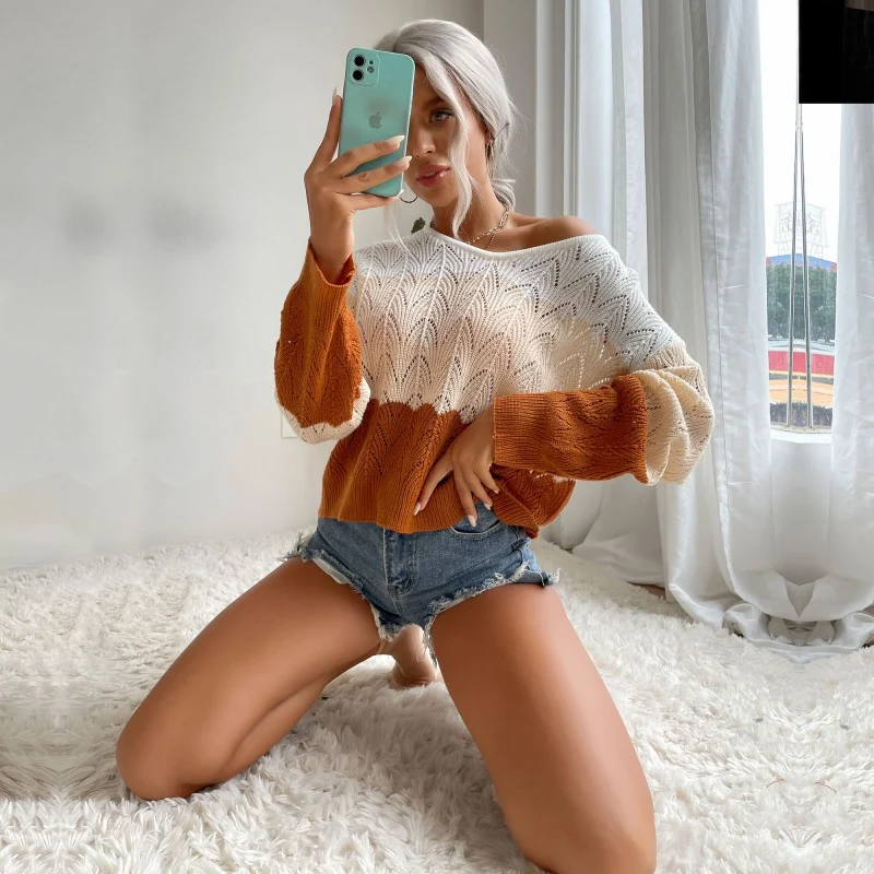 Damen Oversize-Ajourstrickpullover mit Carmen-Ausschnitt, Ballonärmeln und geripptem Saum Nord Taschen