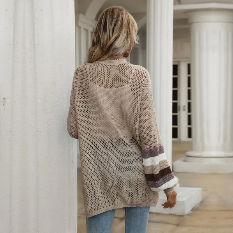 Damen Offene Longcardigan-Strickjacke mit Lochstrick, Ballonärmeln und gestreifter Ärmelpassform Nord Taschen