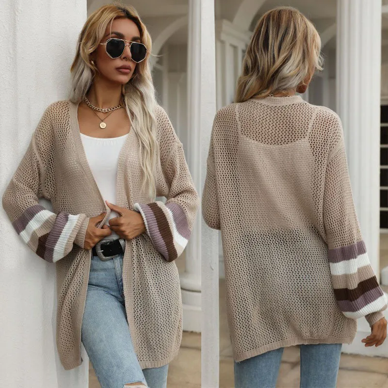 Damen Offene Longcardigan-Strickjacke mit Lochstrick, Ballonärmeln und gestreifter Ärmelpassform Nord Taschen