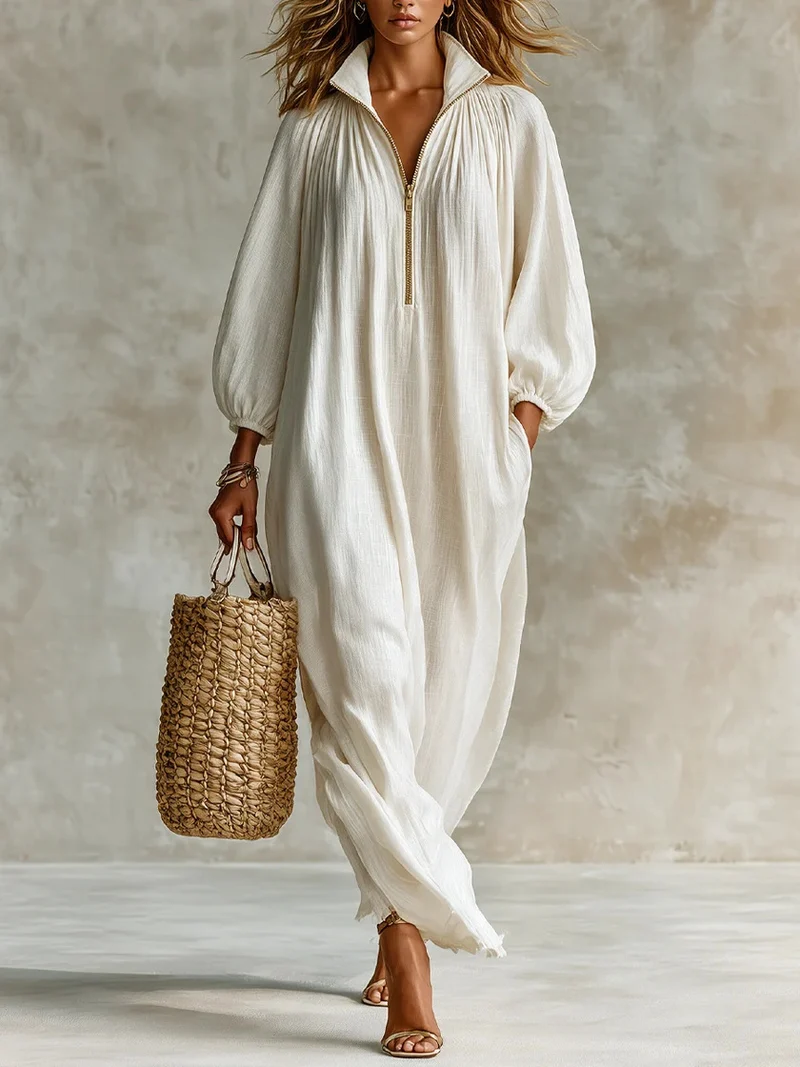 Damen Luftiger Maxi-Jumpsuit mit Ballonärmeln, halbhohem Reißverschluss und Eingrifftaschen Nord Taschen