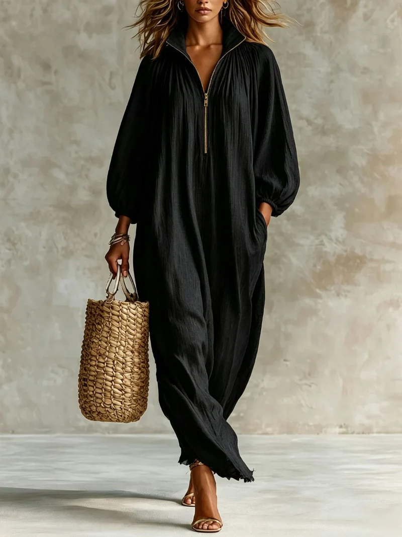 Damen Luftiger Maxi-Jumpsuit mit Ballonärmeln, halbhohem Reißverschluss und Eingrifftaschen Nord Taschen