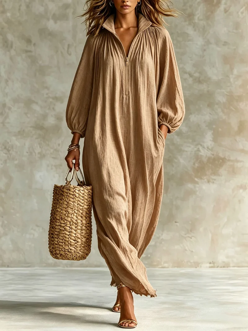 Damen Luftiger Maxi-Jumpsuit mit Ballonärmeln, halbhohem Reißverschluss und Eingrifftaschen Nord Taschen