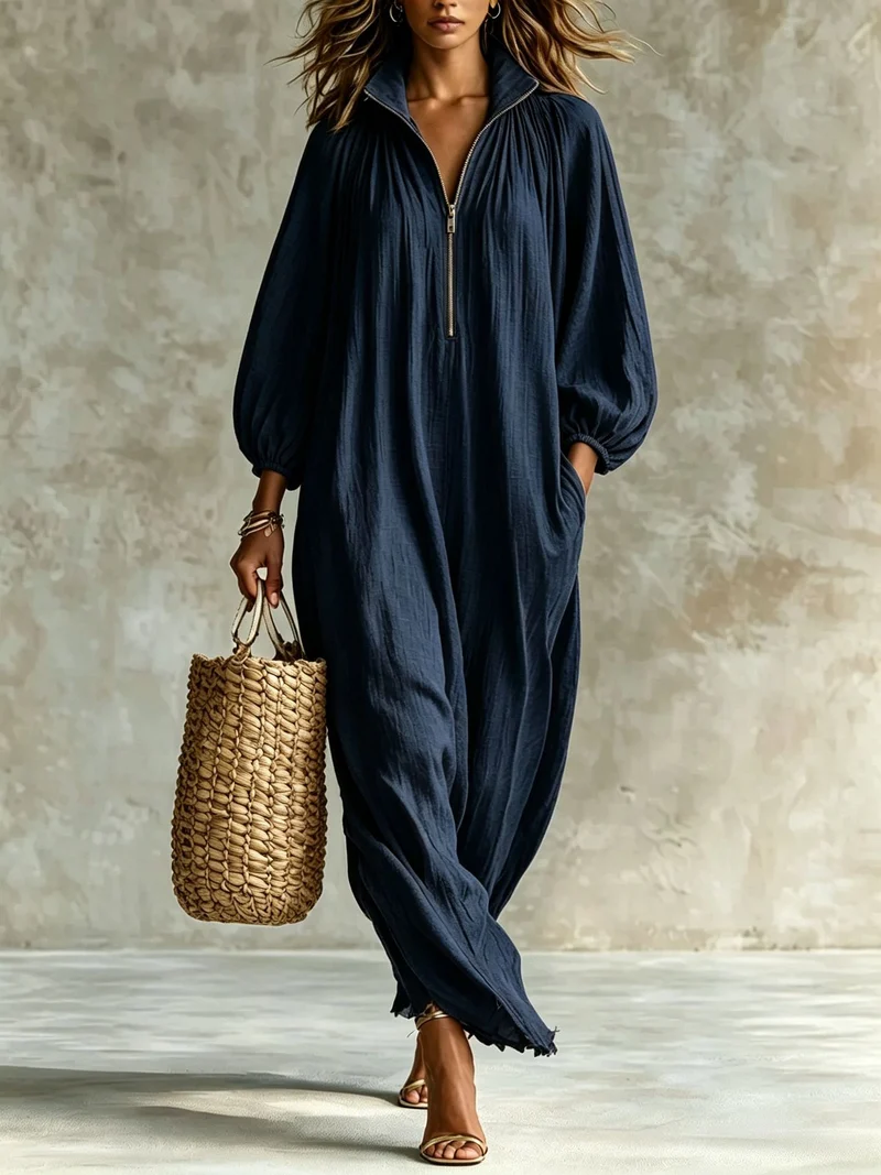 Damen Luftiger Maxi-Jumpsuit mit Ballonärmeln, halbhohem Reißverschluss und Eingrifftaschen Nord Taschen