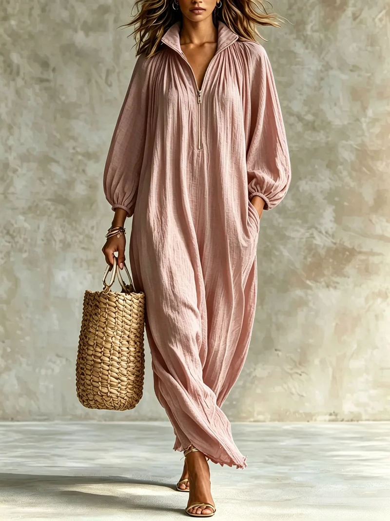 Damen Luftiger Maxi-Jumpsuit mit Ballonärmeln, halbhohem Reißverschluss und Eingrifftaschen Nord Taschen