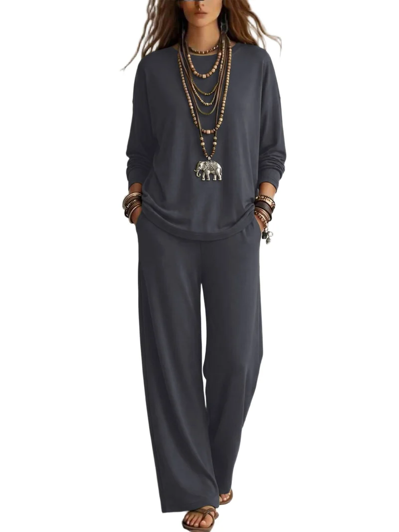 Damen Lounge-Set aus Viskose-Mix mit Oversize-Longsleeve und palazzoweiten Hosen Nord Taschen