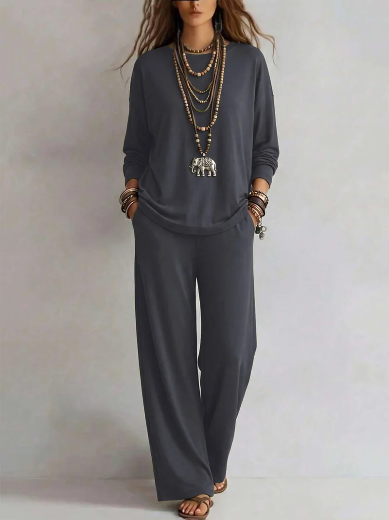 Damen Lounge-Set aus Viskose-Mix mit Oversize-Longsleeve und palazzoweiten Hosen Nord Taschen