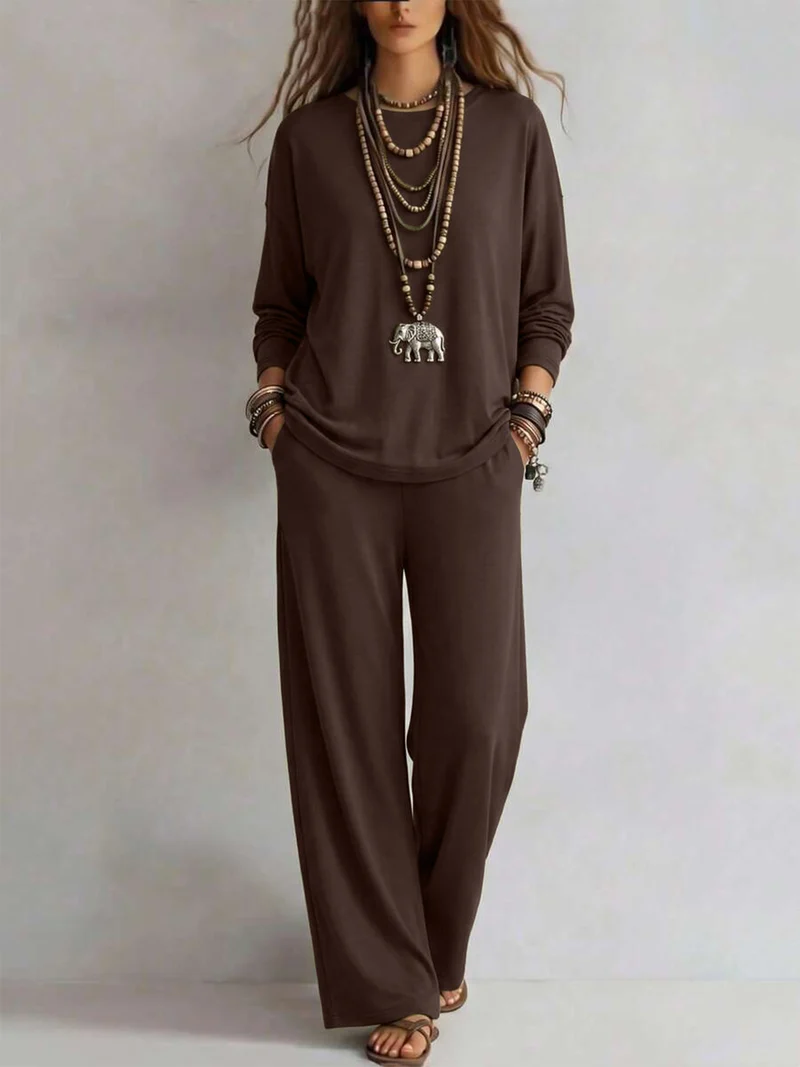 Damen Lounge-Set aus Viskose-Mix mit Oversize-Longsleeve und palazzoweiten Hosen Nord Taschen