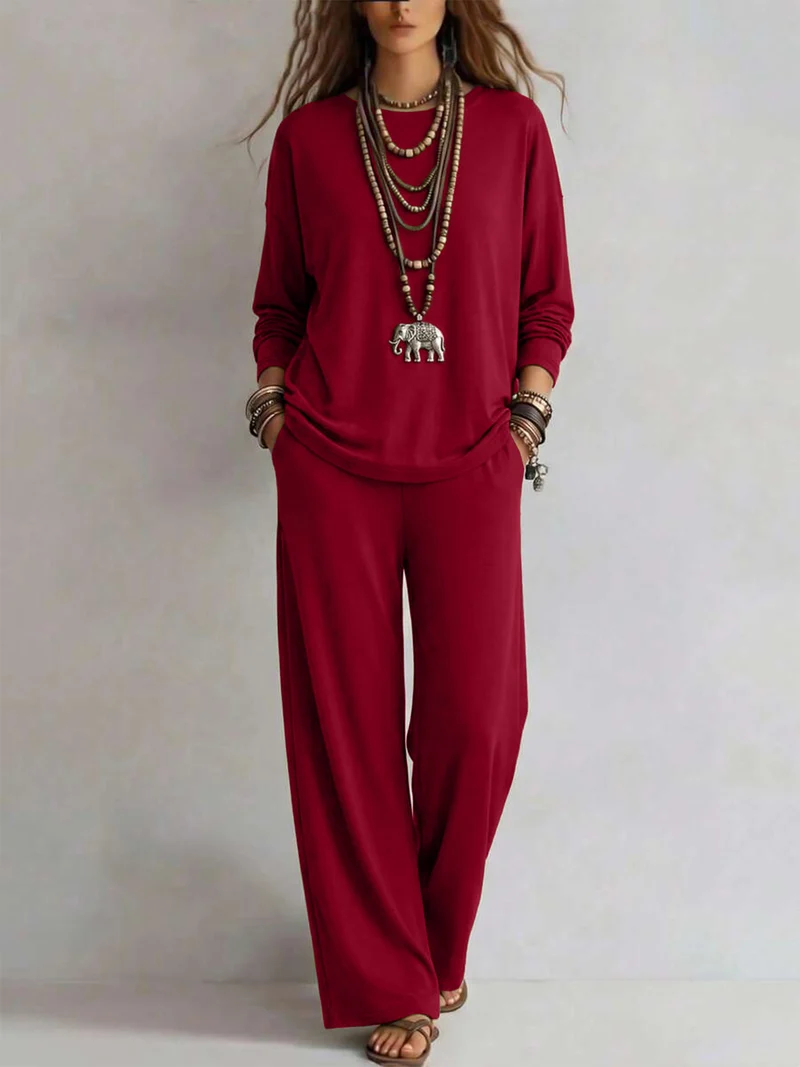 Damen Lounge-Set aus Viskose-Mix mit Oversize-Longsleeve und palazzoweiten Hosen Nord Taschen