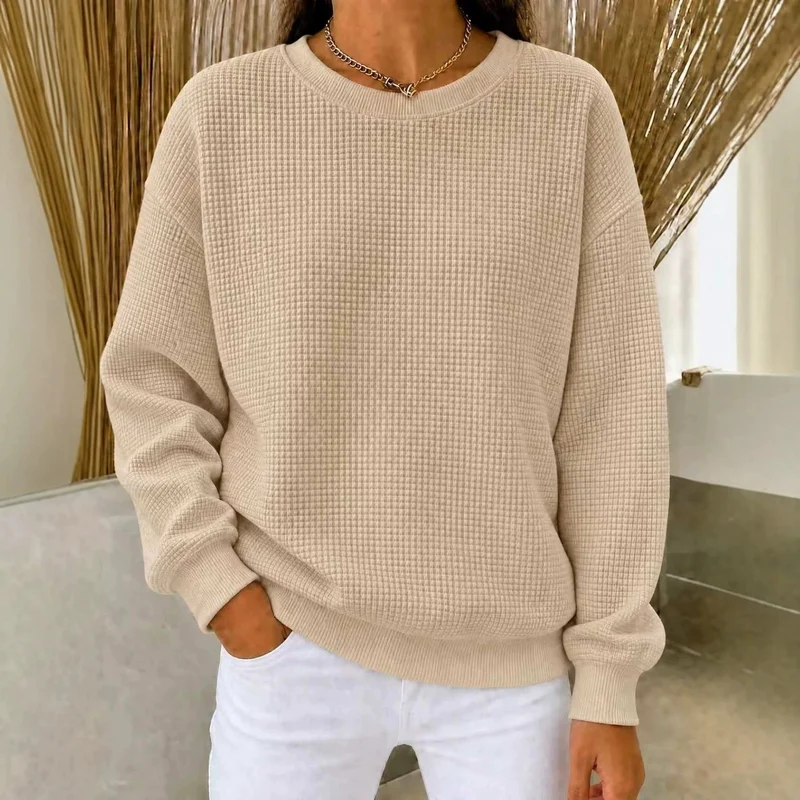 Damen Lockeres Waffelstrick-Sweatshirt mit Rundhalsausschnitt und Rippbündchen Nord Taschen