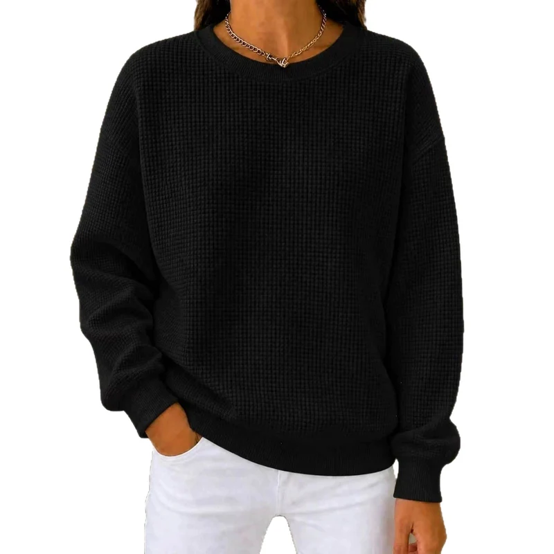 Damen Lockeres Waffelstrick-Sweatshirt mit Rundhalsausschnitt und Rippbündchen Nord Taschen