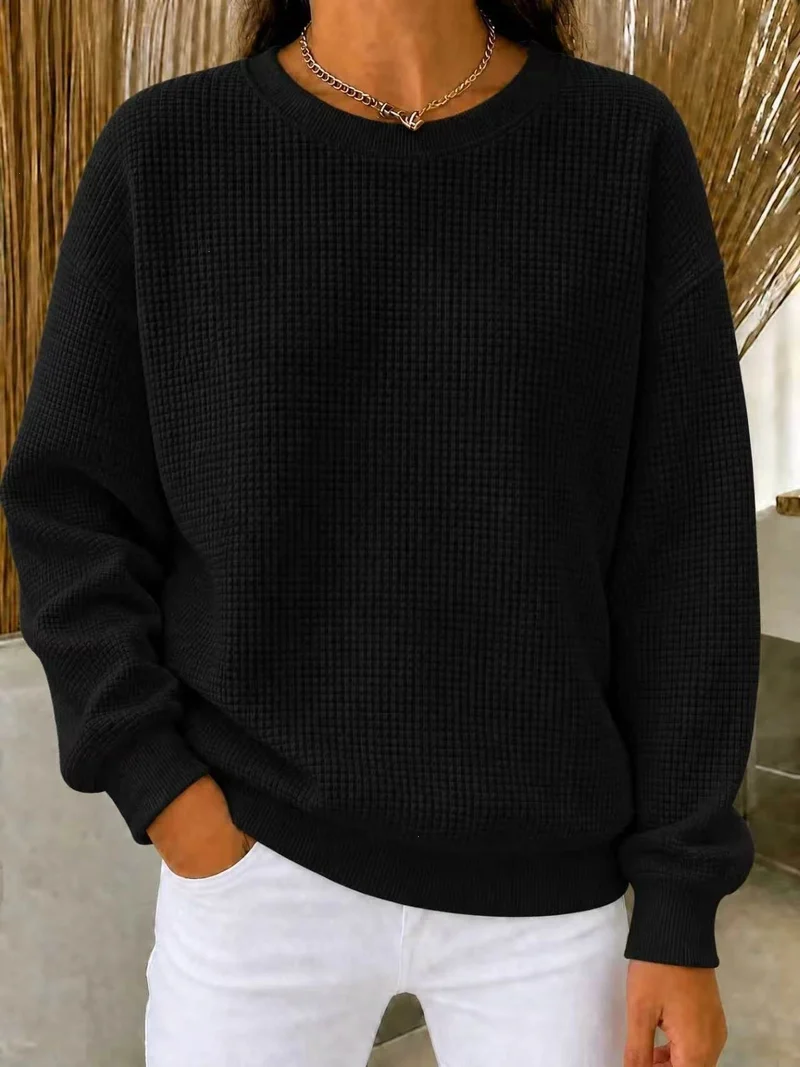 Damen Lockeres Waffelstrick-Sweatshirt mit Rundhalsausschnitt und Rippbündchen Nord Taschen