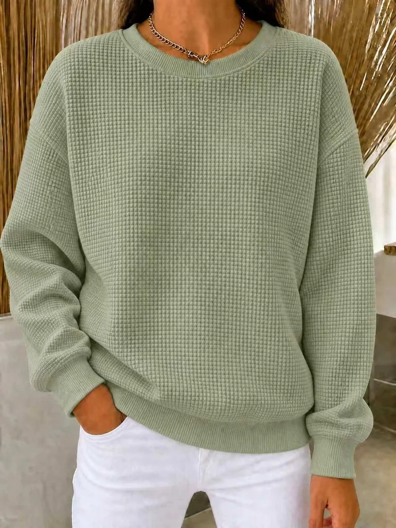 Damen Lockeres Waffelstrick-Sweatshirt mit Rundhalsausschnitt und Rippbündchen Nord Taschen