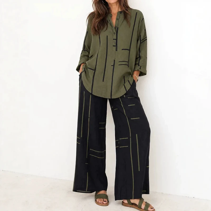 Damen Lockeres Hemdblusen- und Palazzo-Hose-Set aus Leinenoptik Nord Taschen