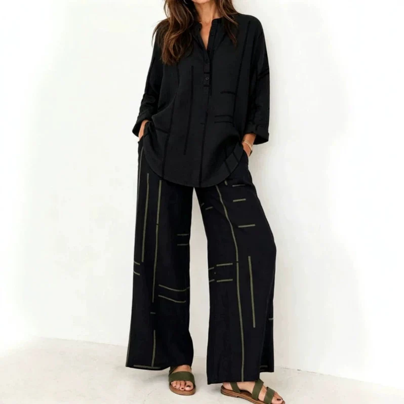 Damen Lockeres Hemdblusen- und Palazzo-Hose-Set aus Leinenoptik Nord Taschen