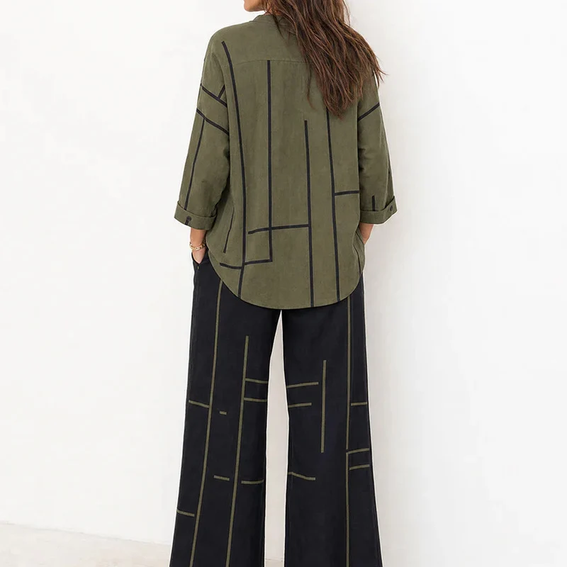 Damen Lockeres Hemdblusen- und Palazzo-Hose-Set aus Leinenoptik Nord Taschen