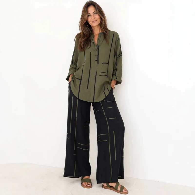 Damen Lockeres Hemdblusen- und Palazzo-Hose-Set aus Leinenoptik Nord Taschen