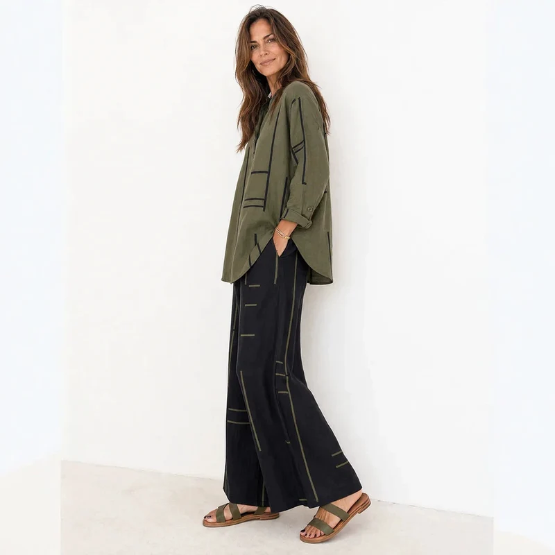 Damen Lockeres Hemdblusen- und Palazzo-Hose-Set aus Leinenoptik Nord Taschen