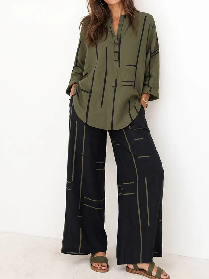 Damen Lockeres Hemdblusen- und Palazzo-Hose-Set aus Leinenoptik Nord Taschen