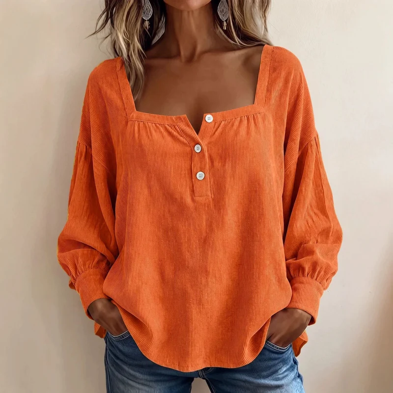 Damen Lockeres Blusenshirt mit quadratischem Ausschnitt, Knopfleiste und Ballonärmeln Nord Taschen