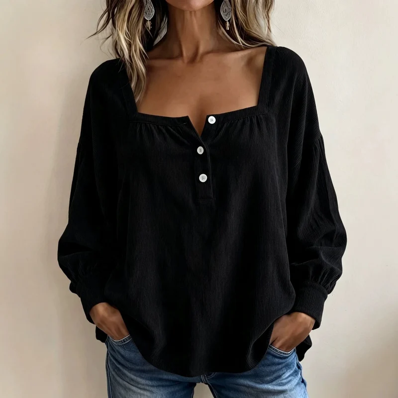 Damen Lockeres Blusenshirt mit quadratischem Ausschnitt, Knopfleiste und Ballonärmeln Nord Taschen