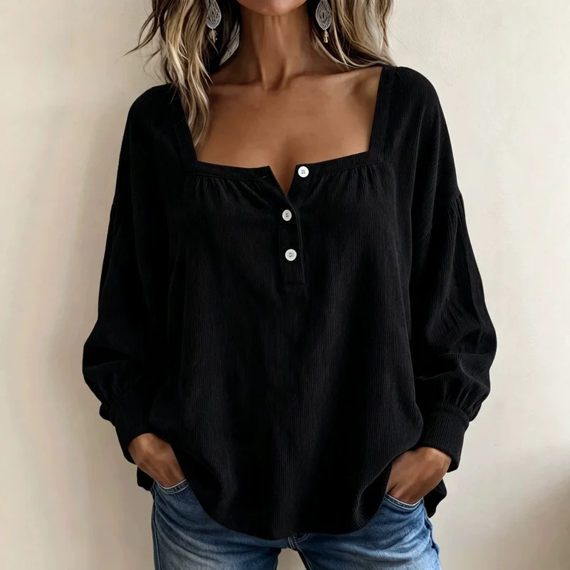 Damen Lockeres Blusenshirt mit quadratischem Ausschnitt, Knopfleiste und Ballonärmeln Nord Taschen