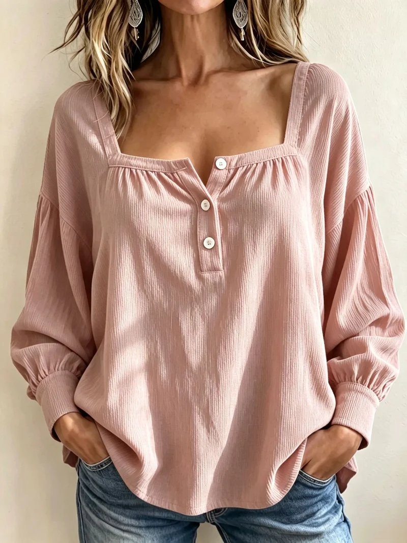 Damen Lockeres Blusenshirt mit quadratischem Ausschnitt, Knopfleiste und Ballonärmeln Nord Taschen