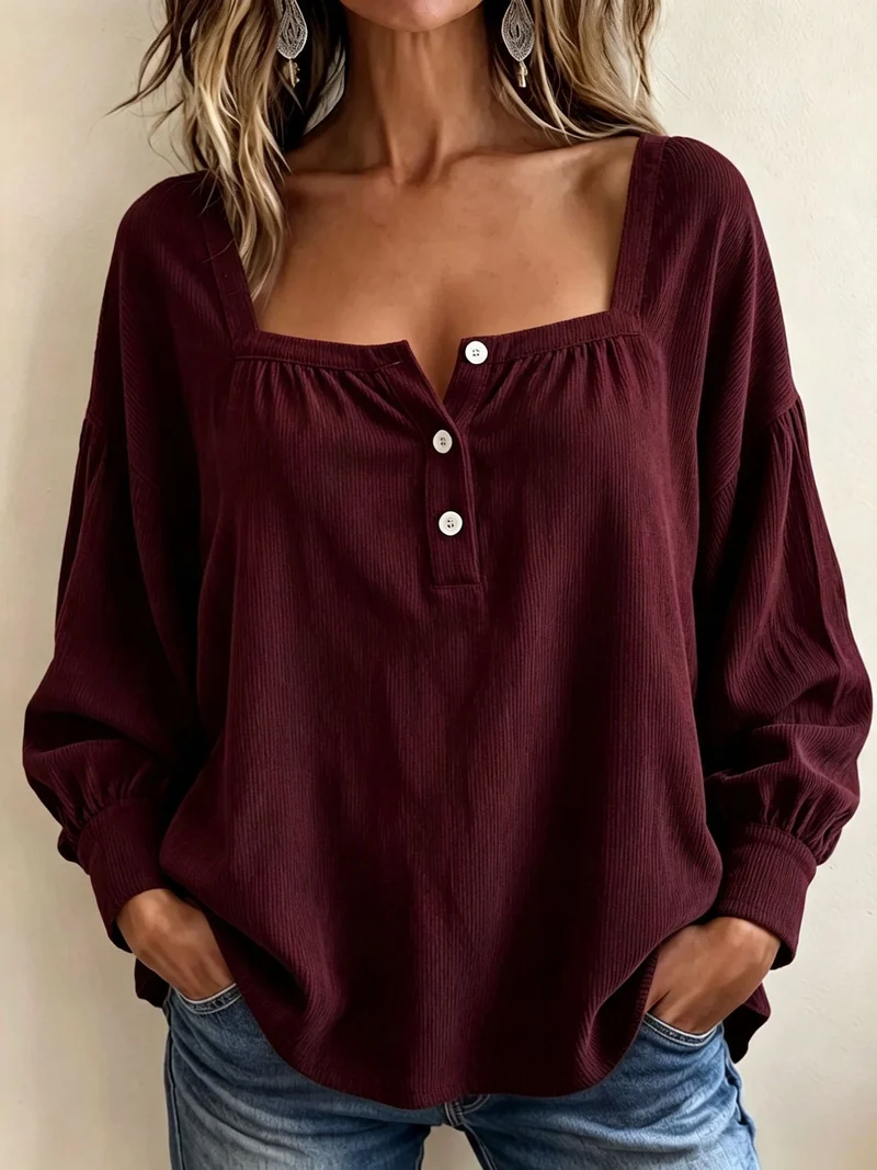 Damen Lockeres Blusenshirt mit quadratischem Ausschnitt, Knopfleiste und Ballonärmeln Nord Taschen