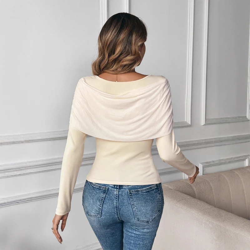 Damen Enganliegendes Langarmshirt mit Chiffon‑Schulterdetail und Knotendekor Nord Taschen