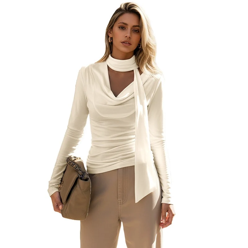 Damen Eng anliegendes Wickelshirt mit Wasserfallkragen und Choker-Detail Nord Taschen