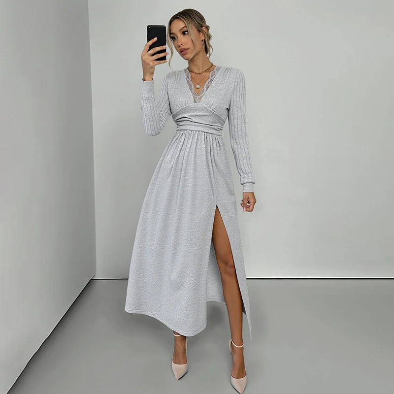 Damen Elegantes Wickel‑Maxikleid mit Spitzenbesatz, tailliertem Knotenbund und hohem Beinschlitz Nord Taschen