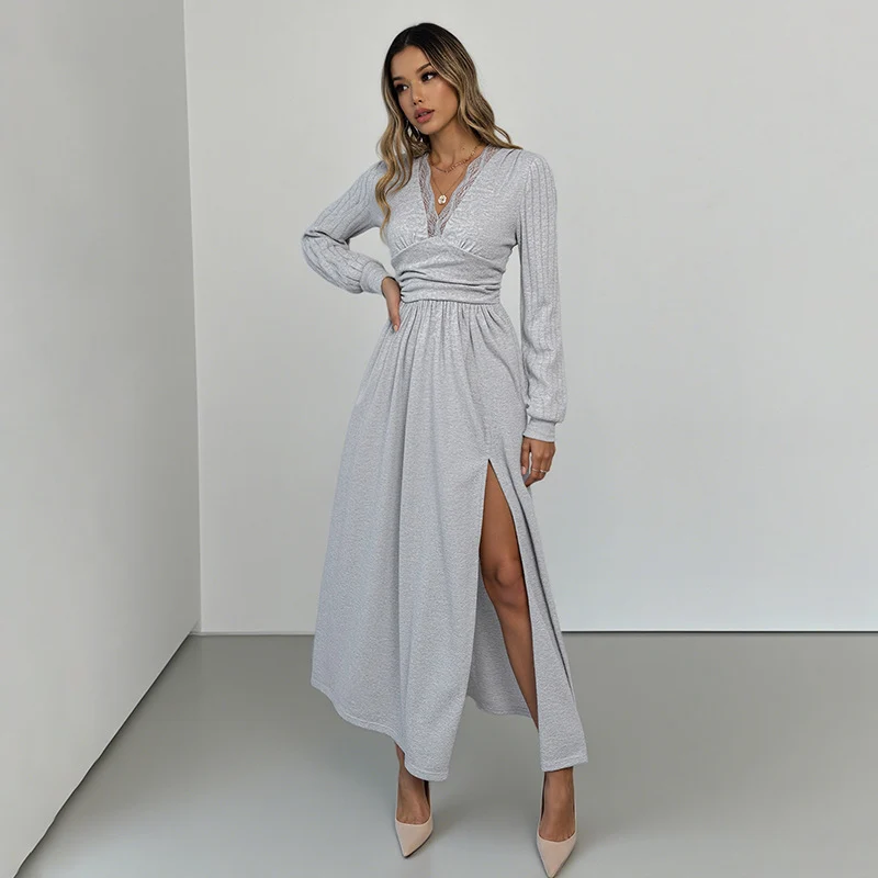 Damen Elegantes Wickel‑Maxikleid mit Spitzenbesatz, tailliertem Knotenbund und hohem Beinschlitz Nord Taschen