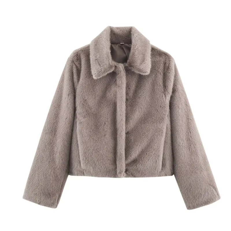 Damen Boxy-Faux-Fur-Kurzjacke mit klassischem Hemdkragen und samtigem Futter Nord Taschen