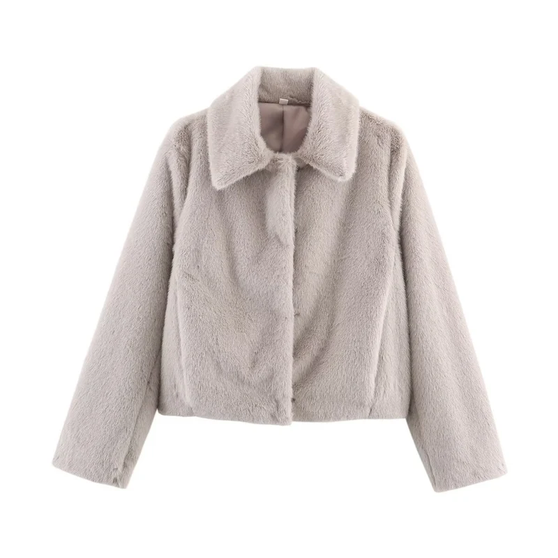 Damen Boxy-Faux-Fur-Kurzjacke mit klassischem Hemdkragen und samtigem Futter Nord Taschen